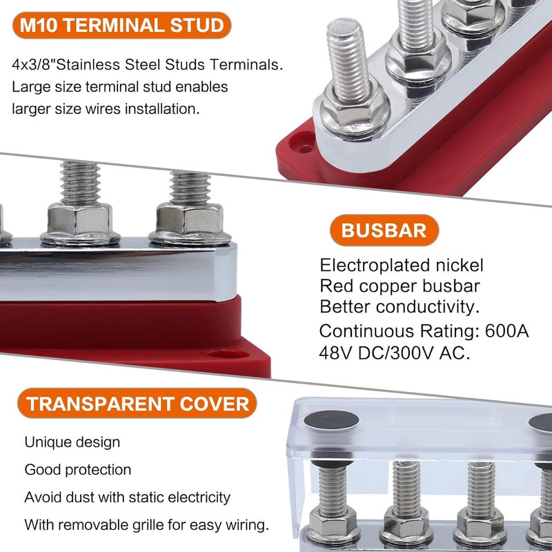 AMOMD 2 pcs 600A High Current Bus Bar with 4 Studs (3/8 inch) M10 Nickel Plated Copper Distribution Block Ideal for Electrical Battery Ground Buss Bar Connections with Cover 300 V AC/12-48 V DC - Image 3